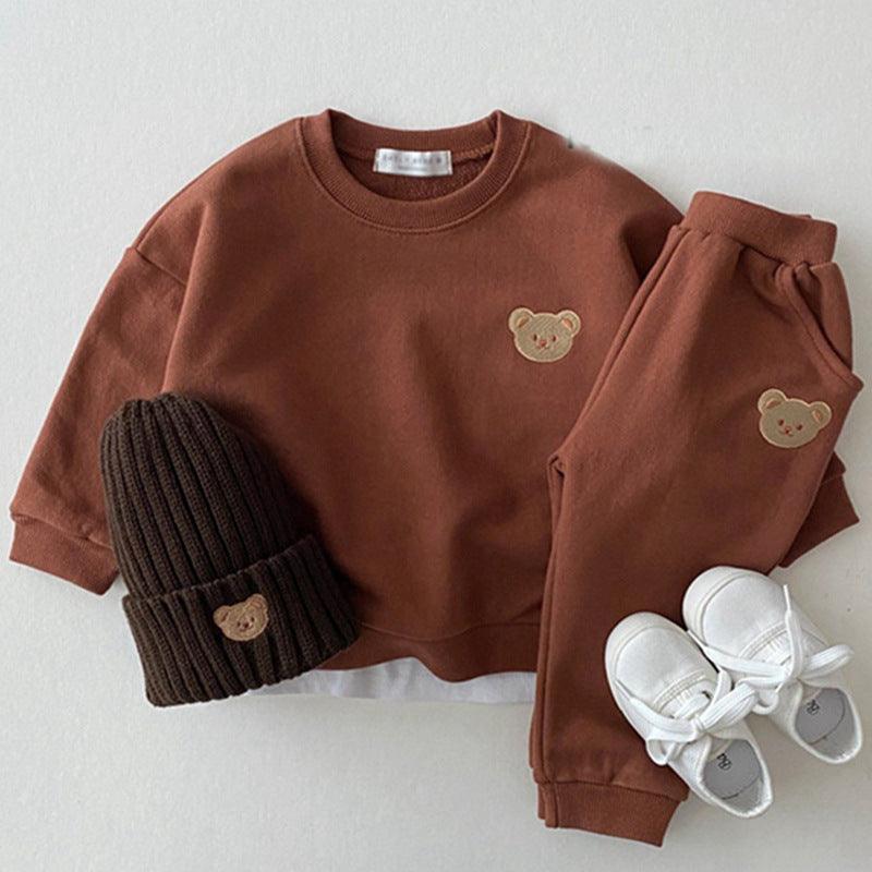 Newborn Infant Children's Cotton Bear Round Neck Sweater Sports Suit Cartoon Two Piece Set - Almoni Express