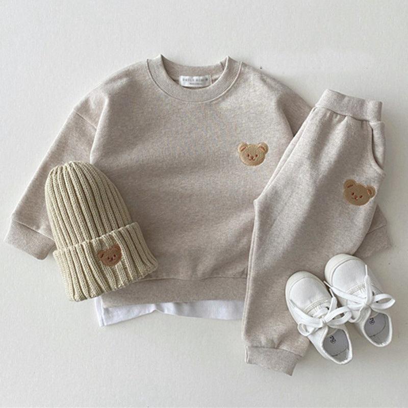 Newborn Infant Children's Cotton Bear Round Neck Sweater Sports Suit Cartoon Two Piece Set - Almoni Express