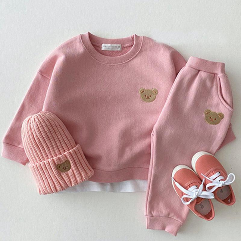 Newborn Infant Children's Cotton Bear Round Neck Sweater Sports Suit Cartoon Two Piece Set - Almoni Express