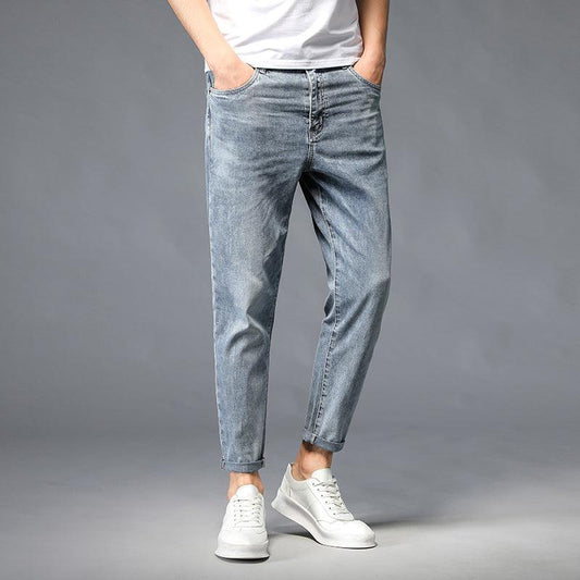 Nine-Point Washed Small Feet Jeans Straight-Leg Pants Men - Almoni Express