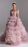 One-line Shoulder Wipe Chest Princess Studded Beaded Cake Skirt Pink Wedding Dress - Almoni Express