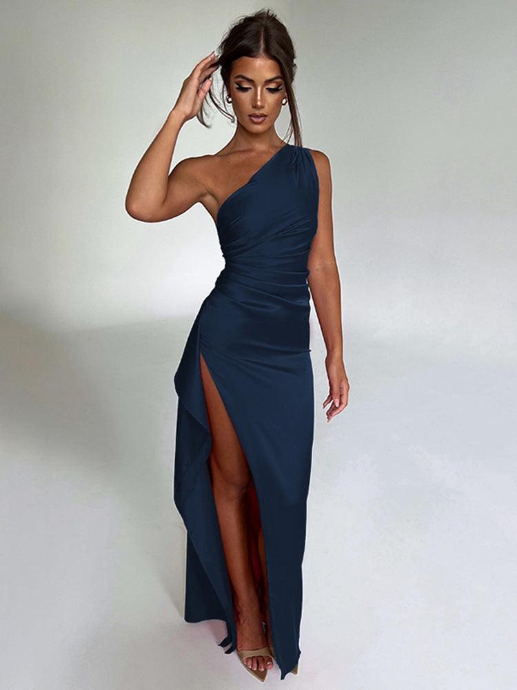 One-shoulder Pleated Split Sexy Satin Dress Elegant Slim-fit Solid Color - AL MONI EXPRESS