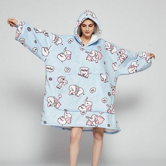 Ovesized Wearable Blanket Hoodie Winter Cute Print Fleece Sleepwaer Warm And Cozy Sofa Homewaer - AL MONI EXPRESS