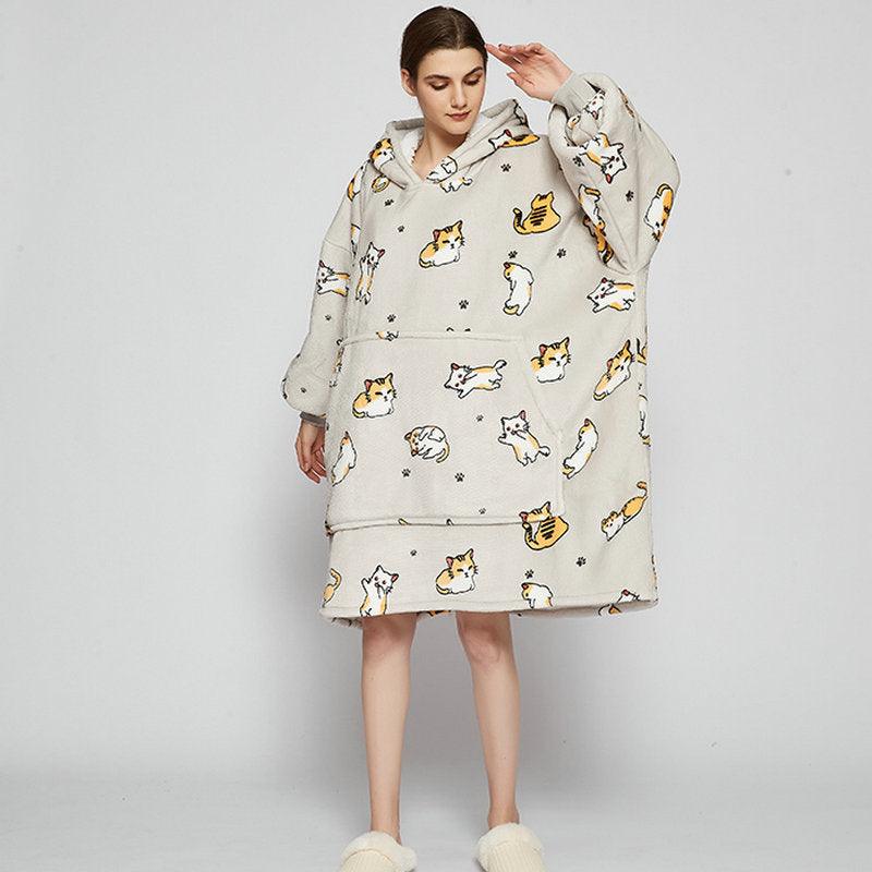 Ovesized Wearable Blanket Hoodie Winter Cute Print Fleece Sleepwaer Warm And Cozy Sofa Homewaer - AL MONI EXPRESS