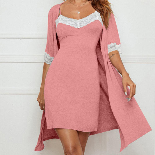 Pajama Suit Lace Stretch Slip Nightdress Nightgown Breathable Two-piece Set Sexy Home Wear - AL MONI EXPRESS