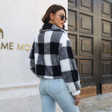 Plaid Double Sided Velvet Jacket For Women Lantern Sleeve Loose Short Coat Autumn And Winter Plush Clothing - Almoni Express