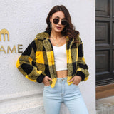 Plaid Double Sided Velvet Jacket For Women Lantern Sleeve Loose Short Coat Autumn And Winter Plush Clothing - Almoni Express