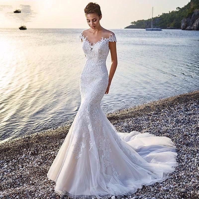 Princess Bride Mermaid Wedding Dress White Trailing Perspective Backless Lace Wedding Dress - Almoni Express