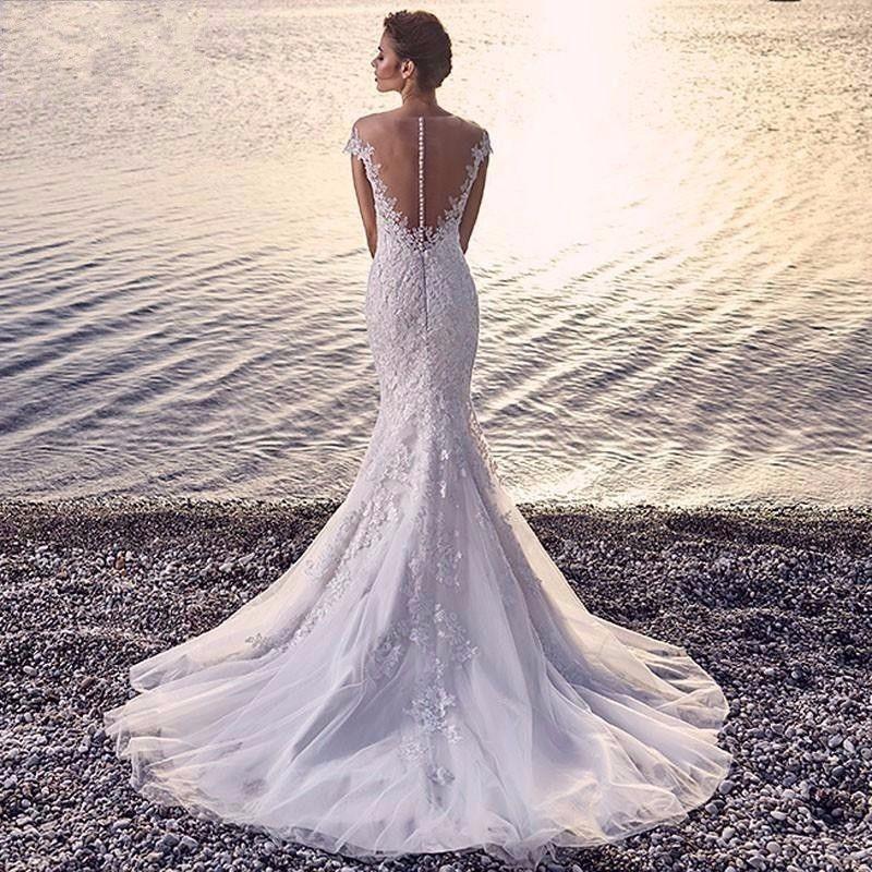 Princess Bride Mermaid Wedding Dress White Trailing Perspective Backless Lace Wedding Dress - Almoni Express