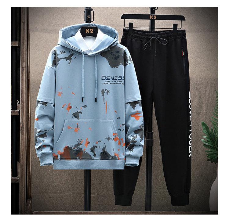 Printed Kangaroo Pocket Casual Sports Hooded Sweater Suit Men - AL MONI EXPRESS