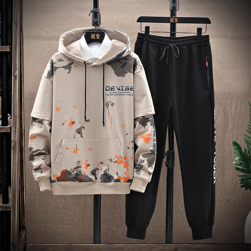 Printed Kangaroo Pocket Casual Sports Hooded Sweater Suit Men - AL MONI EXPRESS