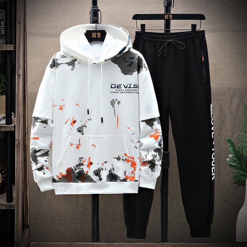 Printed Kangaroo Pocket Casual Sports Hooded Sweater Suit Men - AL MONI EXPRESS