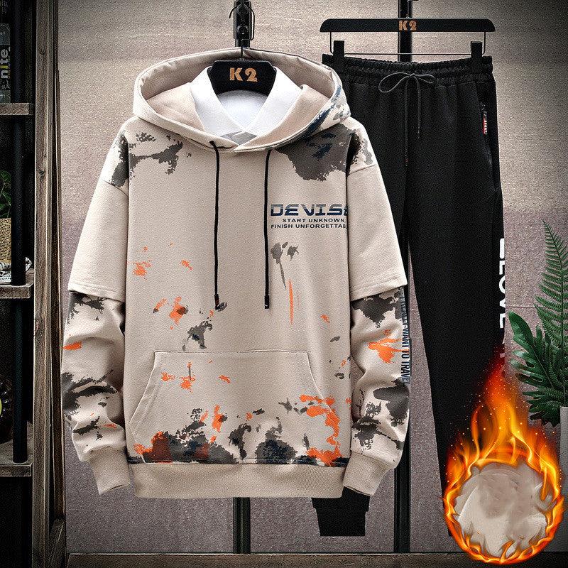 Printed Kangaroo Pocket Casual Sports Hooded Sweater Suit Men - AL MONI EXPRESS