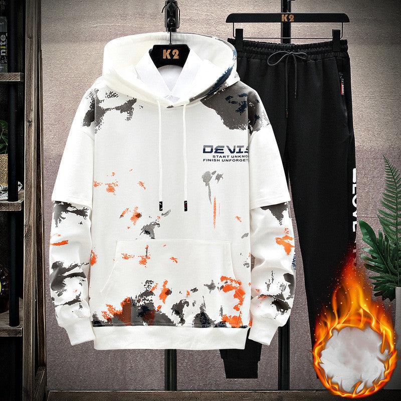 Printed Kangaroo Pocket Casual Sports Hooded Sweater Suit Men - AL MONI EXPRESS