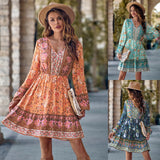 Printed V-neck Waist-controlled Long Sleeves Dress Women - AL MONI EXPRESS