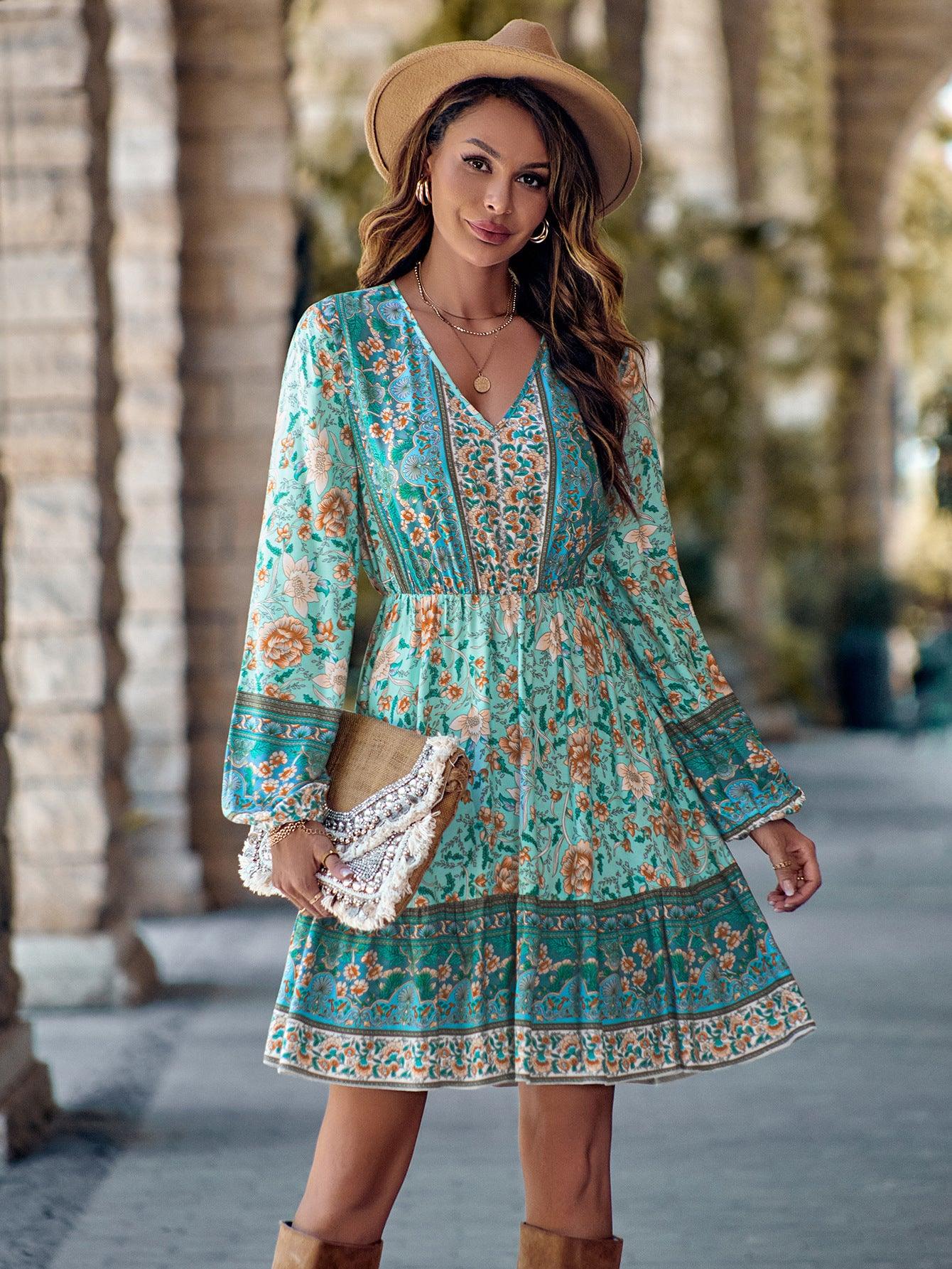 Printed V-neck Waist-controlled Long Sleeves Dress Women - AL MONI EXPRESS