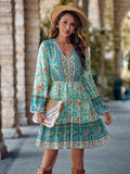 Printed V-neck Waist-controlled Long Sleeves Dress Women - AL MONI EXPRESS