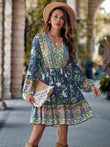 Printed V-neck Waist-controlled Long Sleeves Dress Women - AL MONI EXPRESS