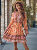 Printed V-neck Waist-controlled Long Sleeves Dress Women - AL MONI EXPRESS