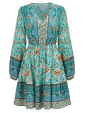 Printed V-neck Waist-controlled Long Sleeves Dress Women - AL MONI EXPRESS