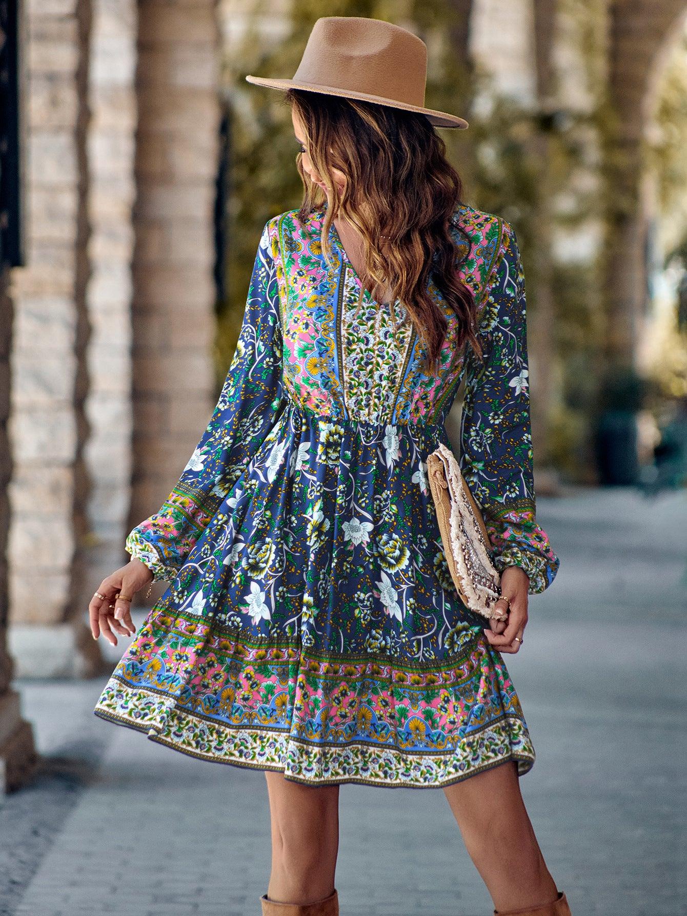 Printed V-neck Waist-controlled Long Sleeves Dress Women - AL MONI EXPRESS