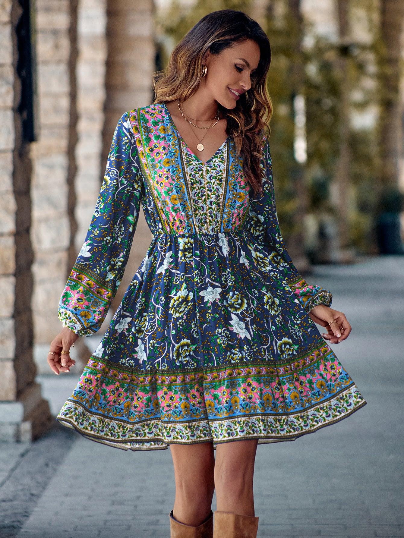 Printed V-neck Waist-controlled Long Sleeves Dress Women - AL MONI EXPRESS