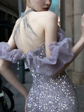 Purple Host Starry Sky Annual Meeting Beaded Toast Dress Halter Model Catwalk Fishtail - Almoni Express