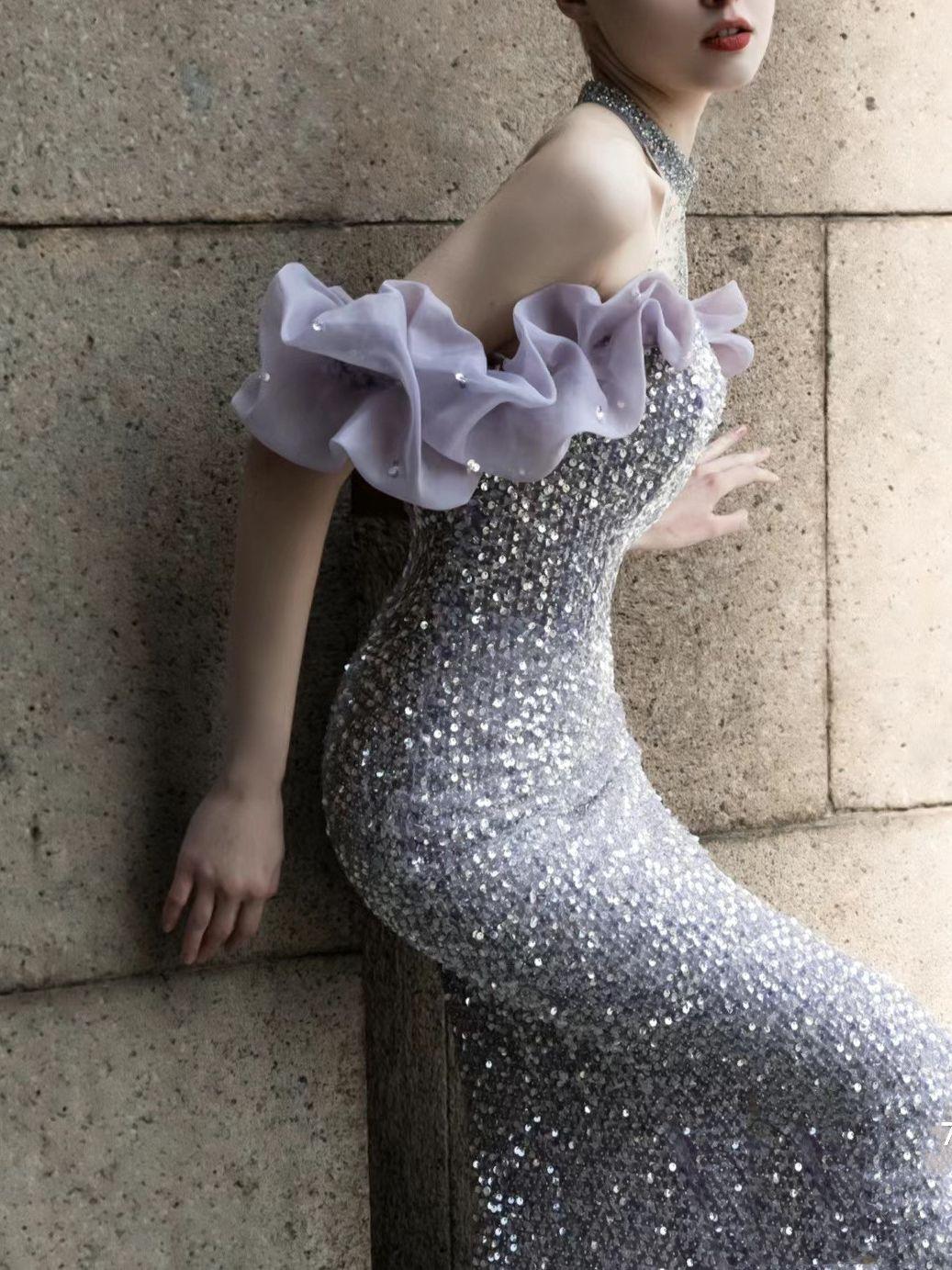 Purple Host Starry Sky Annual Meeting Beaded Toast Dress Halter Model Catwalk Fishtail - Almoni Express