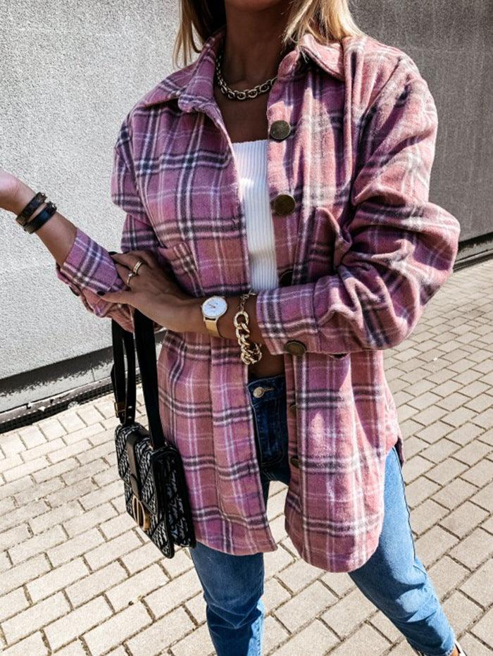 Retro plaid long-sleeved shirt jacket women - Almoni Express