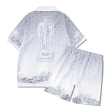 Retro Style Shirt Outfit Casual Silver White Stone Statue Printing - AL MONI EXPRESS