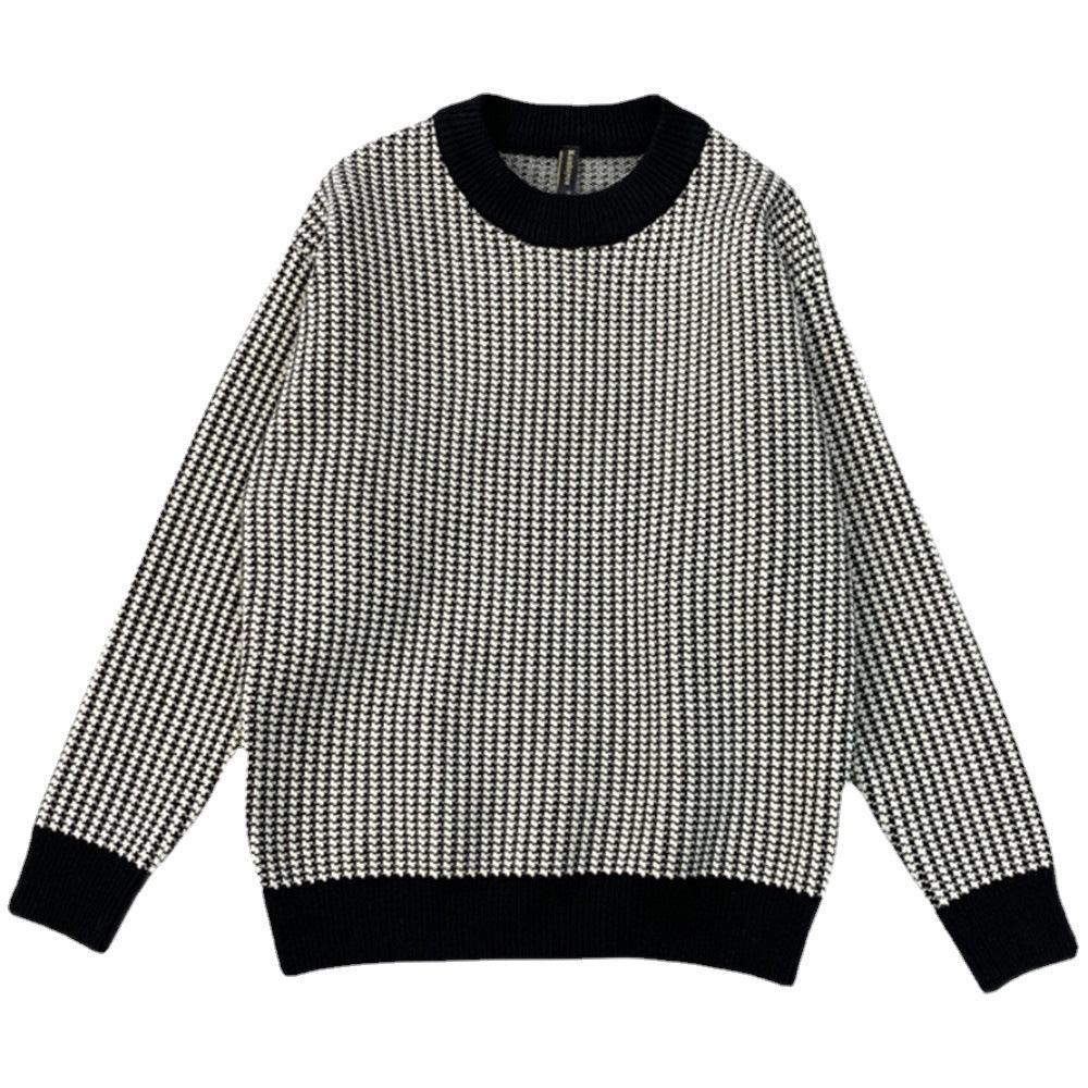 Round Neck Base Slim Fit Pullover Thick Plaid Sweater - Almoni Express