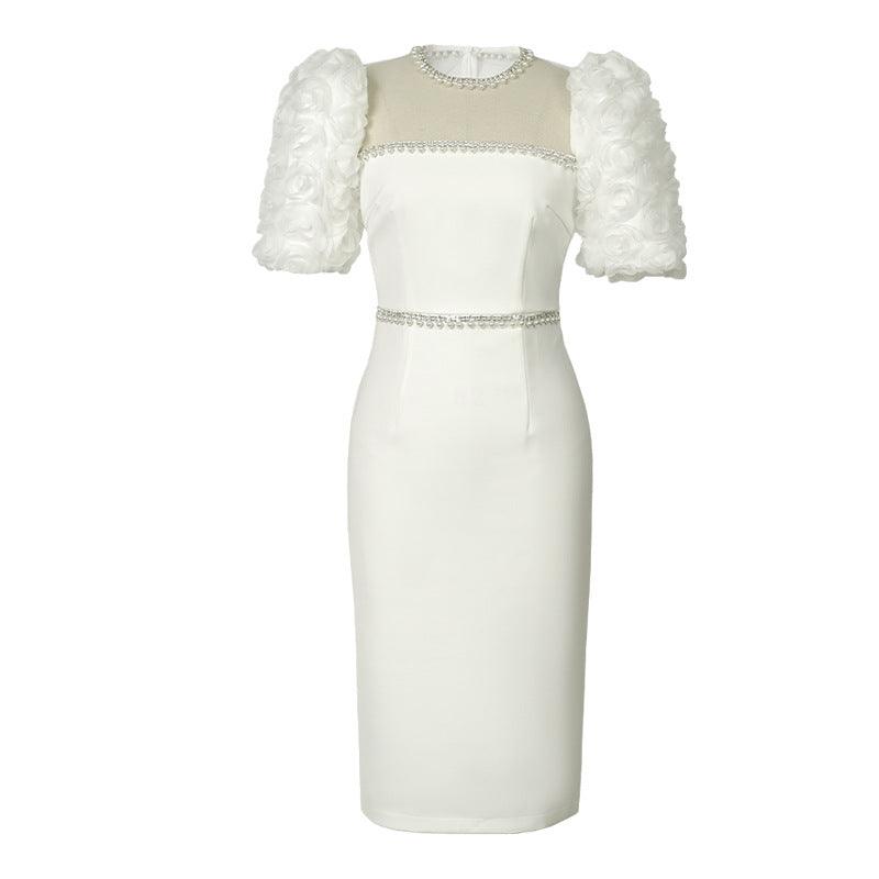 Round Neck Beaded White Slim Fit Long Dress - Almoni Express