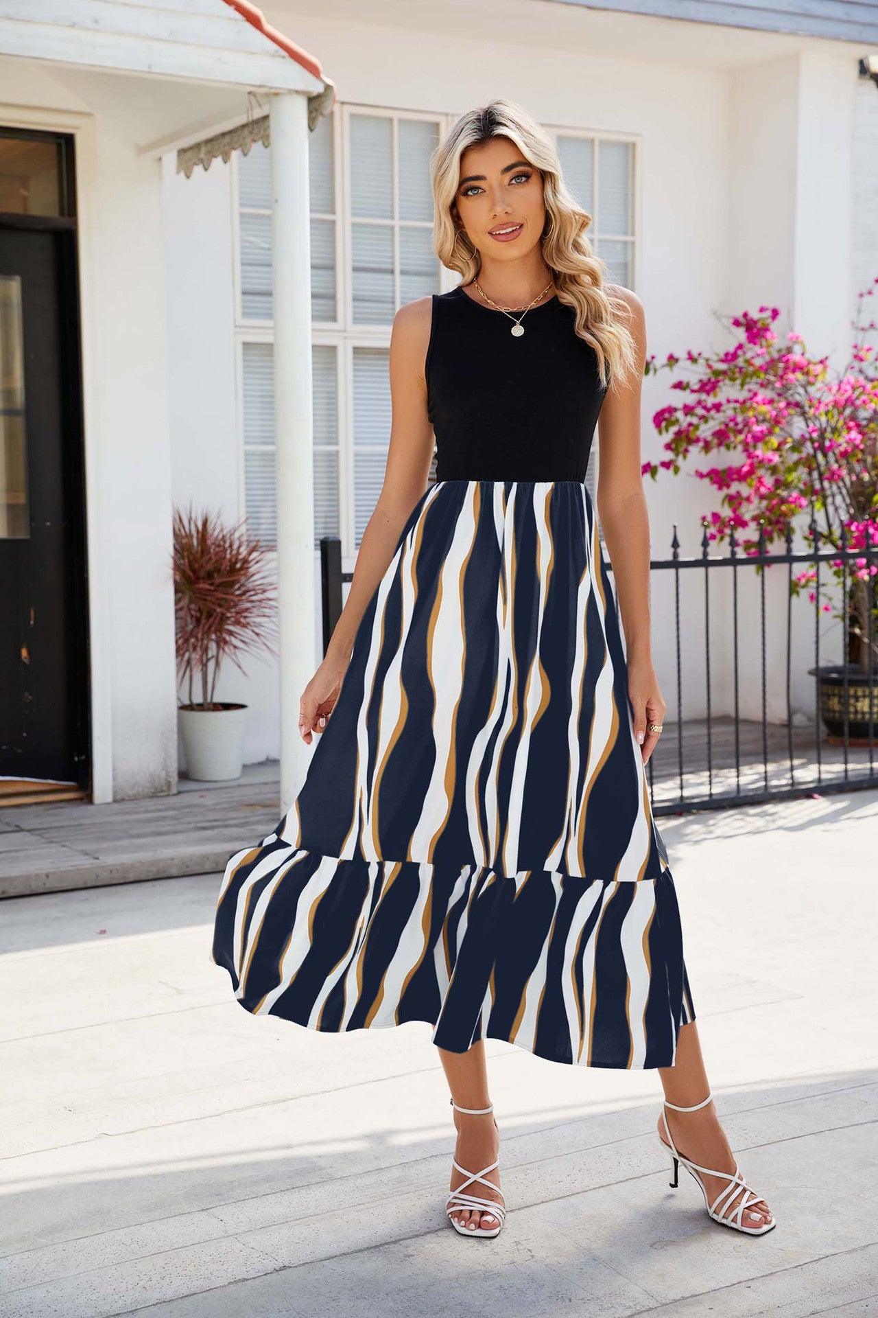 Round Neck Sleeveless Long Dress Summer Fashion Striped Print Dresses Womens Clothing - AL MONI EXPRESS