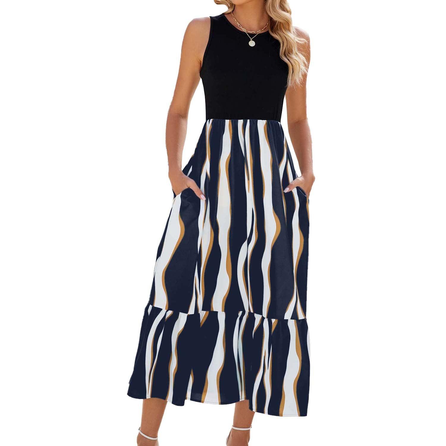 Round Neck Sleeveless Long Dress Summer Fashion Striped Print Dresses Womens Clothing - AL MONI EXPRESS