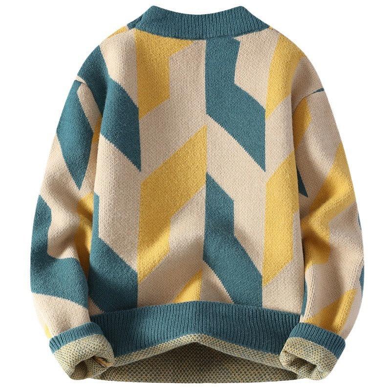 Round Neck Sweater Autumn And Winter Cool Contrast Color Sweater - Almoni Express