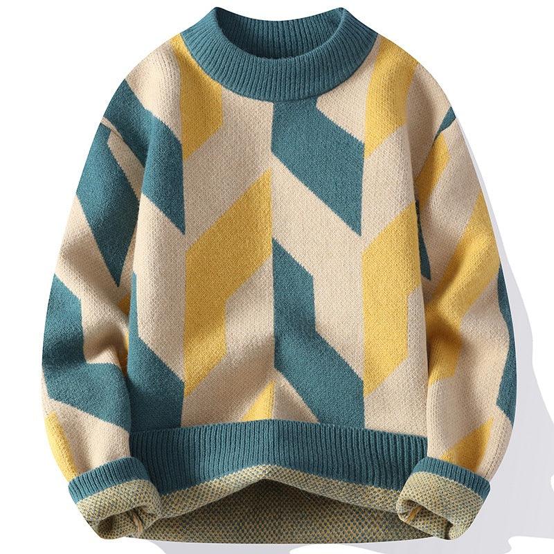 Round Neck Sweater Autumn And Winter Cool Contrast Color Sweater - Almoni Express