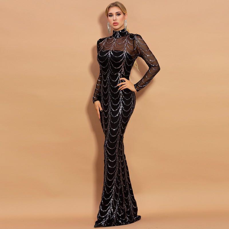 Sequins Women Maxi Dresses Long Sleeve Female Party Dresses - Almoni Express