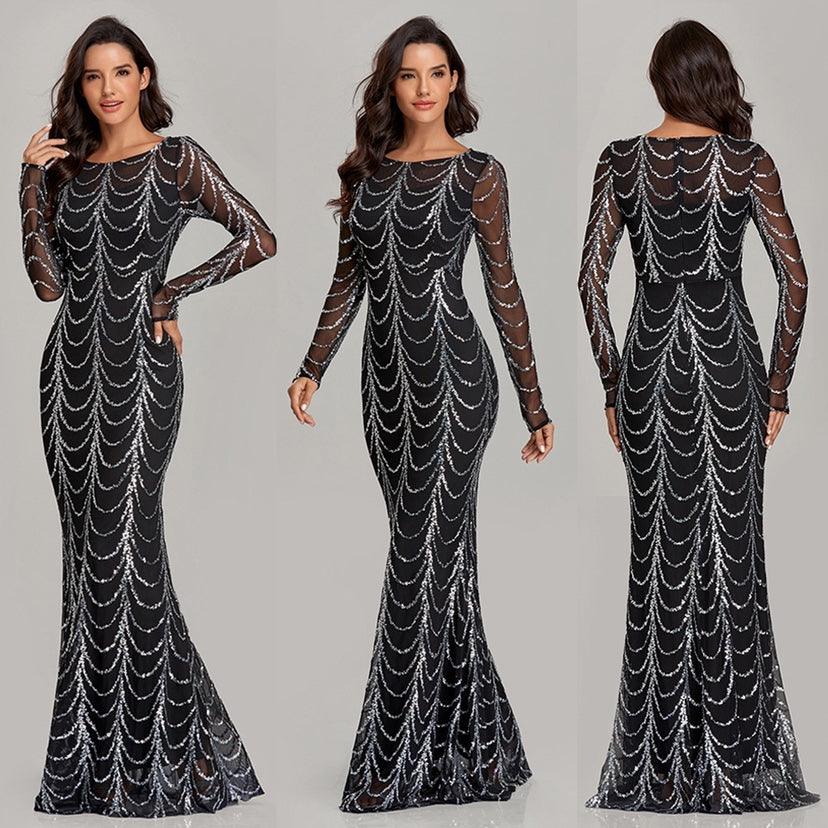 Sequins Women Maxi Dresses Long Sleeve Female Party Dresses - Almoni Express