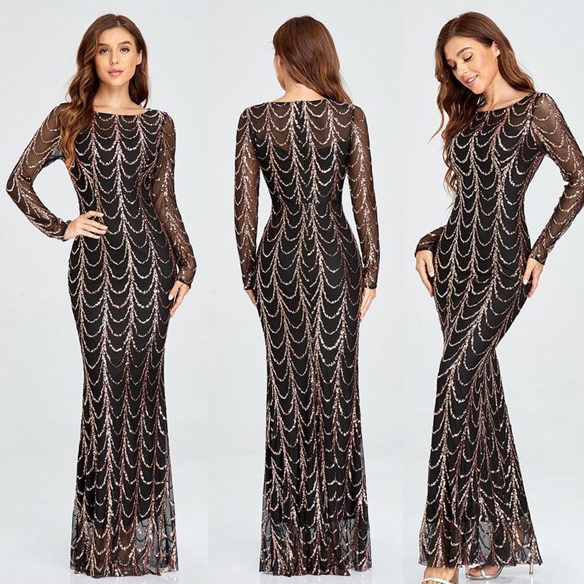 Sequins Women Maxi Dresses Long Sleeve Female Party Dresses - Almoni Express