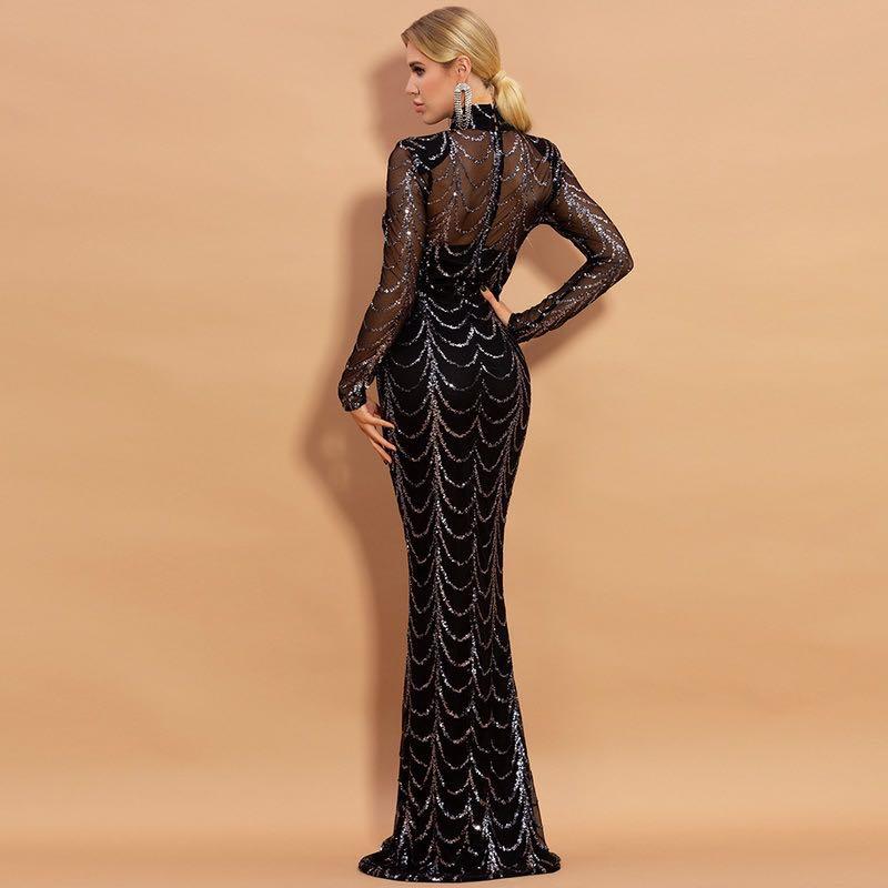 Sequins Women Maxi Dresses Long Sleeve Female Party Dresses - Almoni Express