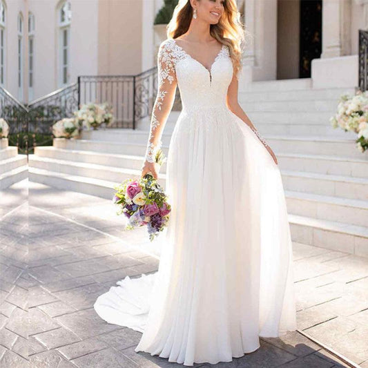 Sexy Backless Deep V-neck Wedding Dress Women White Evening Dress - Almoni Express