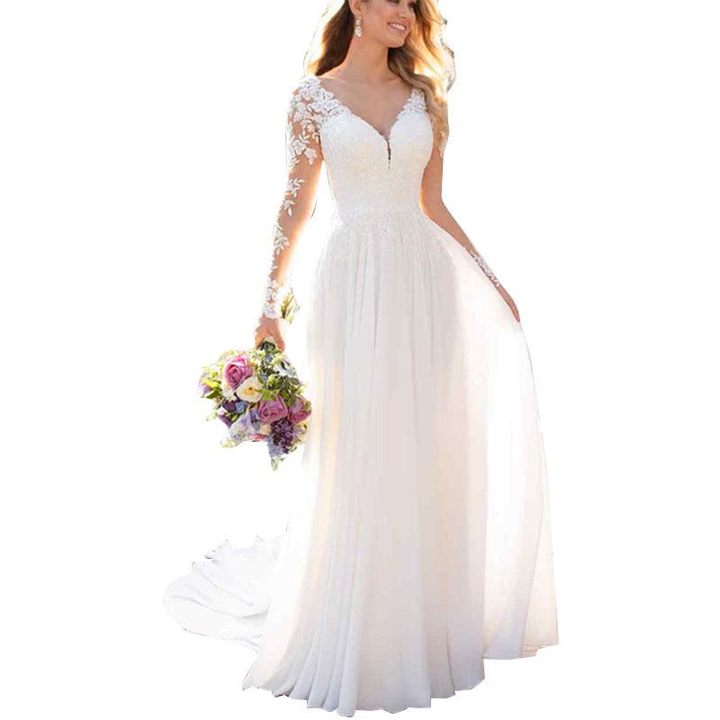 Sexy Backless Deep V-neck Wedding Dress Women White Evening Dress - Almoni Express