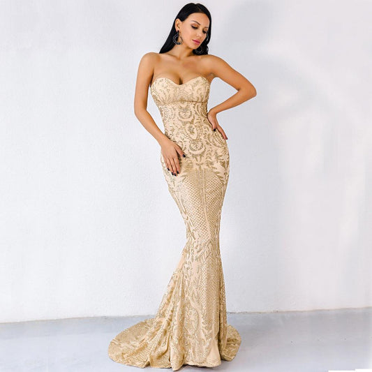 SEXY ELEGANT STRAPLESS GEOMETRIC EVENING DRESS - Almoni Express