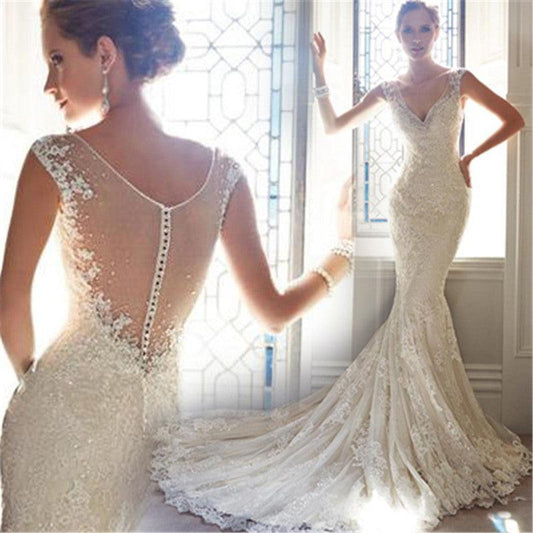 Sexy Halter Brigade Shooting Seaside Beach Location Mermaid Tail Light Wedding Dress - Almoni Express