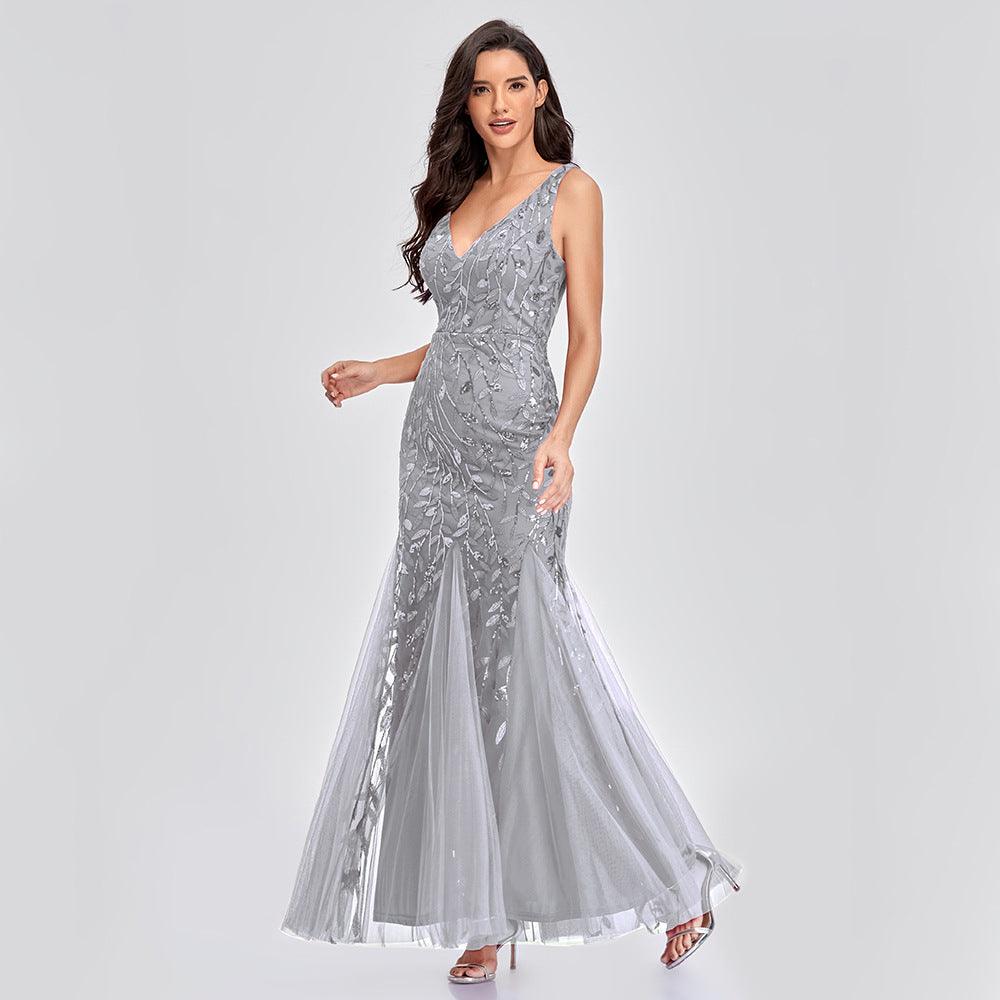 Sexy Long Dress Sleeveless V-neck Embroidered Sequin Slim Mermaid Dress - Almoni Express