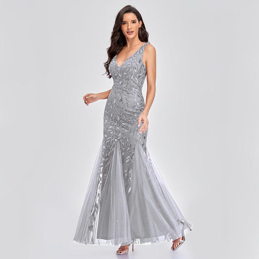 Sexy Long Dress Sleeveless V-neck Embroidered Sequin Slim Mermaid Dress - Almoni Express