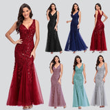 Sexy Long Dress Sleeveless V-neck Embroidered Sequin Slim Mermaid Dress - Almoni Express