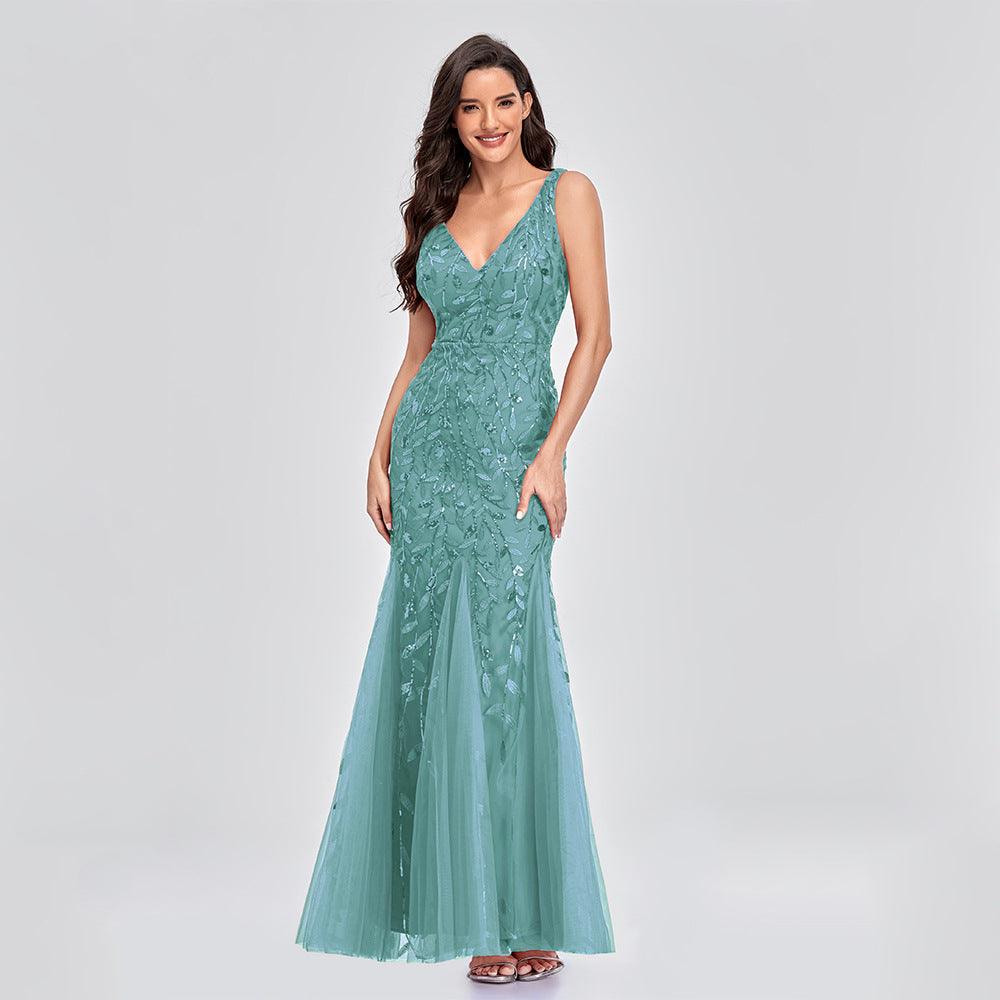 Sexy Long Dress Sleeveless V-neck Embroidered Sequin Slim Mermaid Dress - Almoni Express