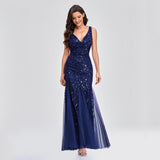 Sexy Long Dress Sleeveless V-neck Embroidered Sequin Slim Mermaid Dress - Almoni Express