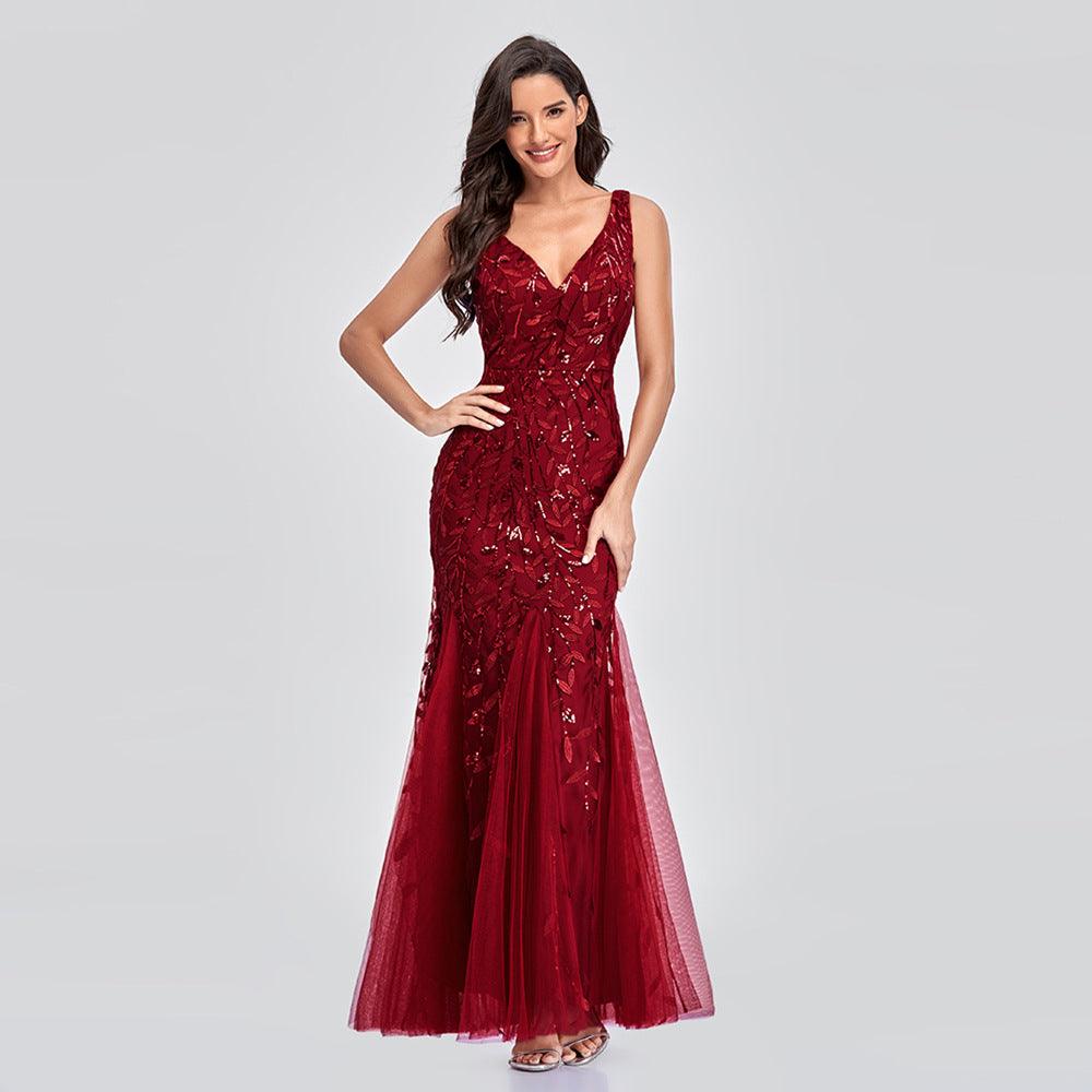 Sexy Long Dress Sleeveless V-neck Embroidered Sequin Slim Mermaid Dress - Almoni Express